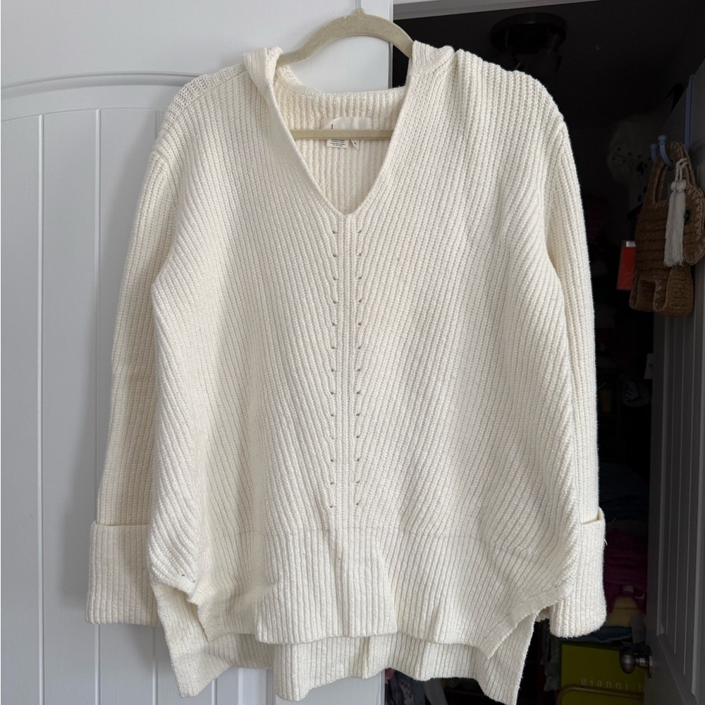 Anthropologie Cream V-Neck Sweater with Hood